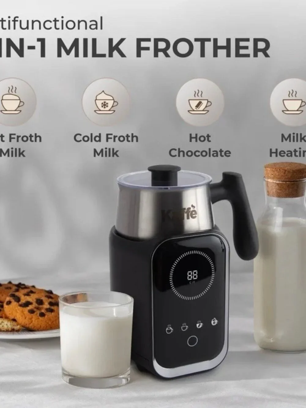 Kaffe 4-in-1 Electric Milk Frother & Warmer 7oz Removable Jug Non-Stick Black